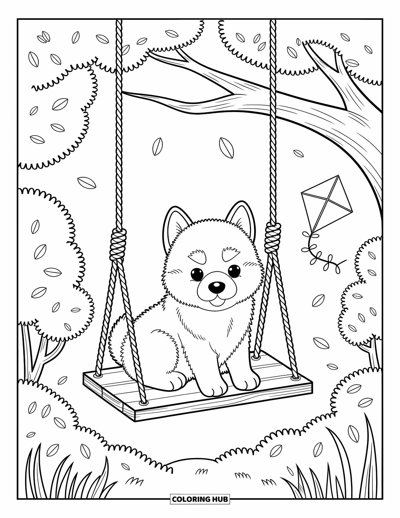 Husky Puppy Coloring Page for Adults: Husky puppy sits on a swing under fluffy trees and floating petals