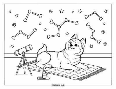 Coloriage de chiot husky pour adultes : Un chiot husky observe des constellations en forme d'os depuis un toit douillet