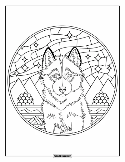 Coloriage de chiot husky pour adultes : Un husky assis dans un cercle de vitrail avec des étoiles et des sommets montagneux
