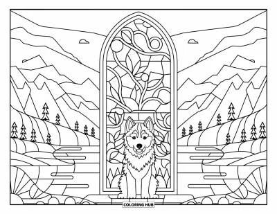 Coloriage de chiot husky pour adultes : Un husky sous une arche de vitrail forestier avec des montagnes au loin