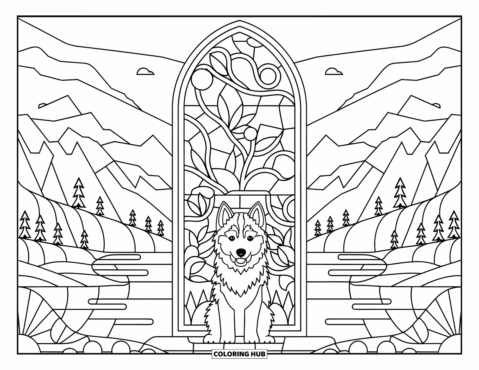 Husky Puppy Coloring Page for Adults: Husky sits under a forest-themed stained-glass arch with mountains beyond