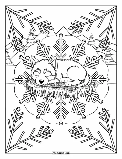 Coloriage de chiot husky pour adultes : Un husky endormi parmi des flocons de neige, des stalactites de glace et des motifs forestiers