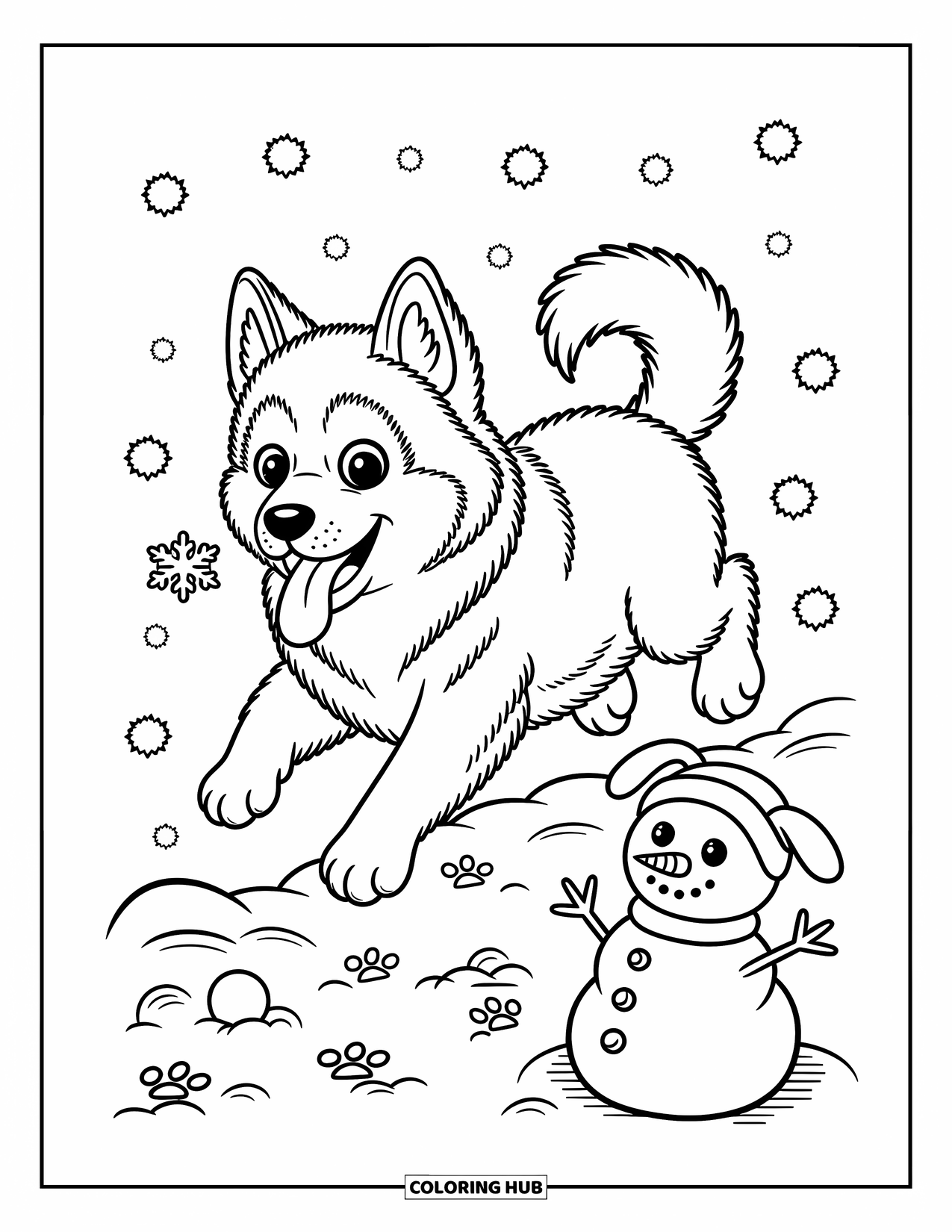 Husky Puppy Coloring Page for Adults: Playful husky catches a snowflake mid-jump with snowballs and snowman nearby