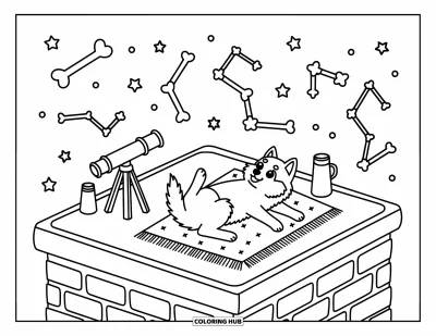 Coloriage de chiot husky pour adultes : Un chiot espiègle observe les étoiles sur un toit avec une couverture, un thermos et un télescope