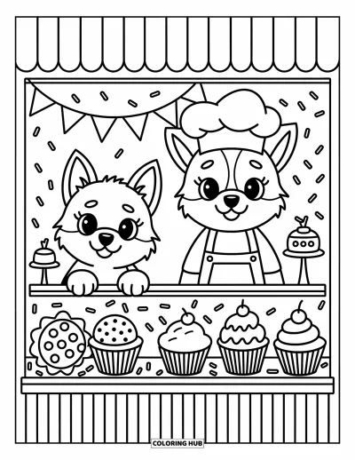 Coloriage de chiot husky pour adultes : Un chiot regarde par la vitrine d'une boulangerie avec des biscuits et un chiot cuisinier à l'intérieur