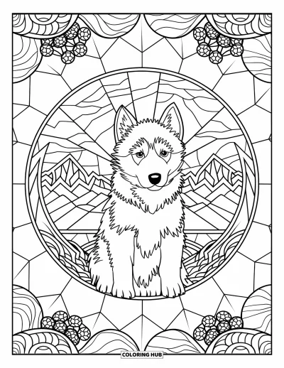 Coloriage de chiot husky pour adultes : Un chiot dans un cercle d'aurores boréales, d'étoiles et de montagnes enneigées