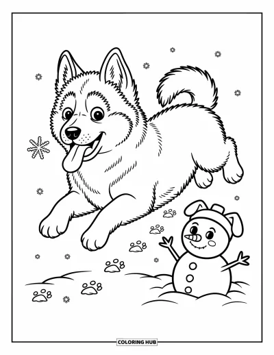 Coloriage de chiot husky pour adultes : Un chiot saute dans la neige, la langue dehors, tandis qu'un bonhomme de neige aux oreilles de chien sourit