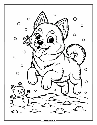 Coloriage de chiot husky pour adultes : Un chiot bondit dans la neige fraîche avec un bonhomme de neige et des empreintes de pattes derrière lui