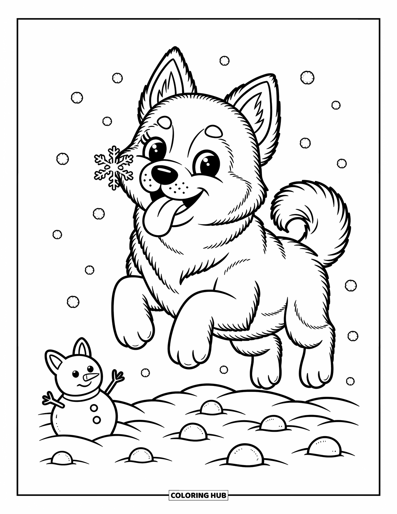 Husky Puppy Coloring Page for Adults: Puppy leaps in fresh snow with a snowman and paw prints behind
