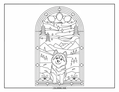 Coloriage de chiot husky pour adultes : Un chiot lève les yeux vers un vitrail rempli d'arbres et de ciel