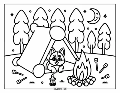 Coloriage de chiot husky pour adultes : Un chiot émerge d'une tente en forme d'os pendant que des guimauves grillent sous un croissant de lune