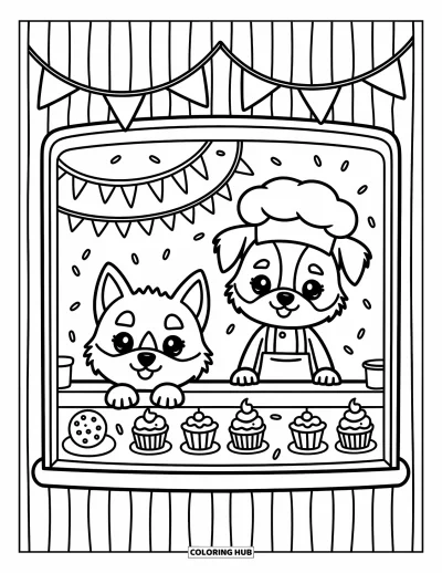 Coloriage de chiot husky pour adultes : Un chiot jette un œil dans une vitrine de boulangerie avec des cupcakes et un chiot boulanger à l'intérieur
