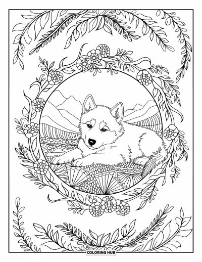 Coloriage de chiot husky pour adultes : Un chiot se repose dans un mandala d'herbes aromatiques, de fleurs et d'un panorama de montagne