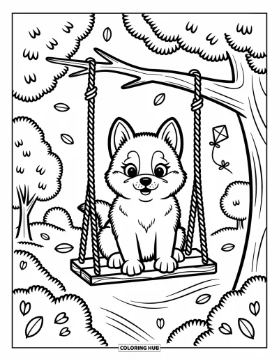 Coloriage de chiot husky pour adultes : Un chiot se balance sur une balan?oire en bois entour?e de p?tales et d'arbres