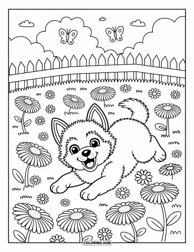 Coloriage de chiot husky pour adultes : Un chiot se roule dans des marguerites avec des papillons voltigeant dans un pré paisible