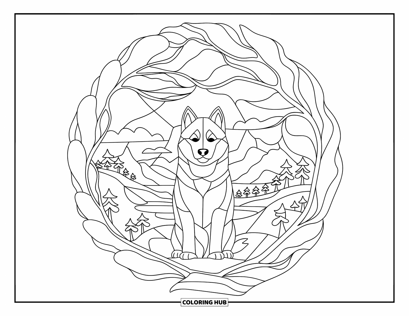 Husky Puppy Coloring Page for Adults: Puppy sits in a dome with petal-like glass, trees, and a peaceful lake