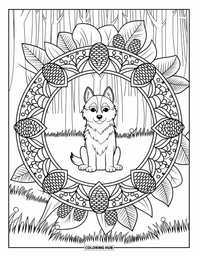 Coloriage de chiot husky pour adultes : Un chiot assis dans un mandala garni de pommes de pin, de feuilles et de baies