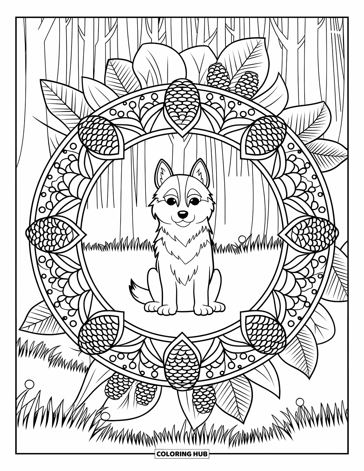 Husky Puppy Coloring Page for Adults: Puppy sits in a mandala filled with pinecones, leaves, and berries