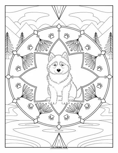 Coloriage de chiot husky pour adultes : Un chiot assis dans un mandala avec des arbres et des vues sur la montagne