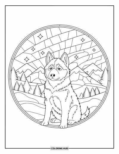 Coloriage de chiot husky pour adultes : Un chiot assis paisiblement dans un cercle de sommets, de lumières et de ciels forestiers