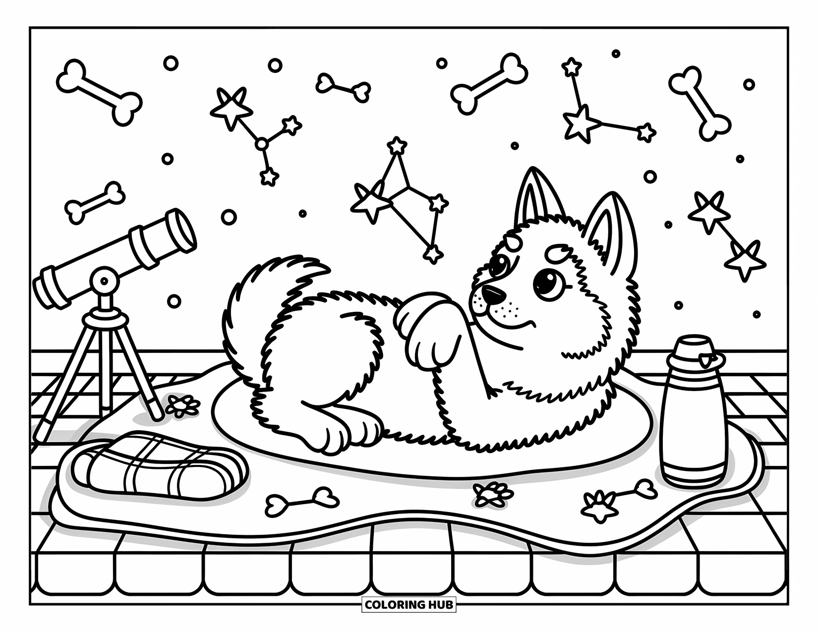 Husky Puppy Coloring Page for Adults: Puppy stares at the stars from a rooftop with cute mini items nearby