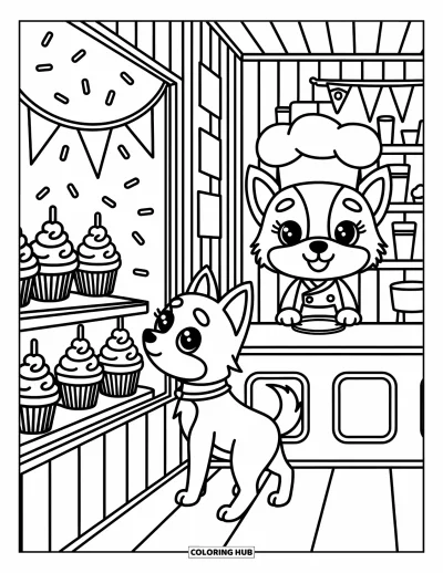 Coloriage de chiot husky pour adultes : Un chiot observe des cupcakes et du lait depuis l'extérieur d'une vitrine de boulangerie