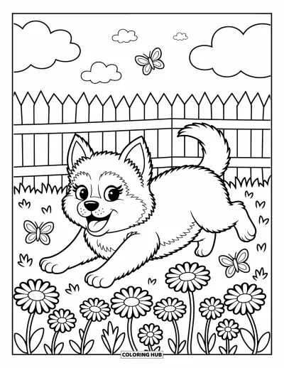 Coloriage de chiot husky pour adultes : Un chiot se roule et tend la patte vers des papillons dans une campagne fleurie