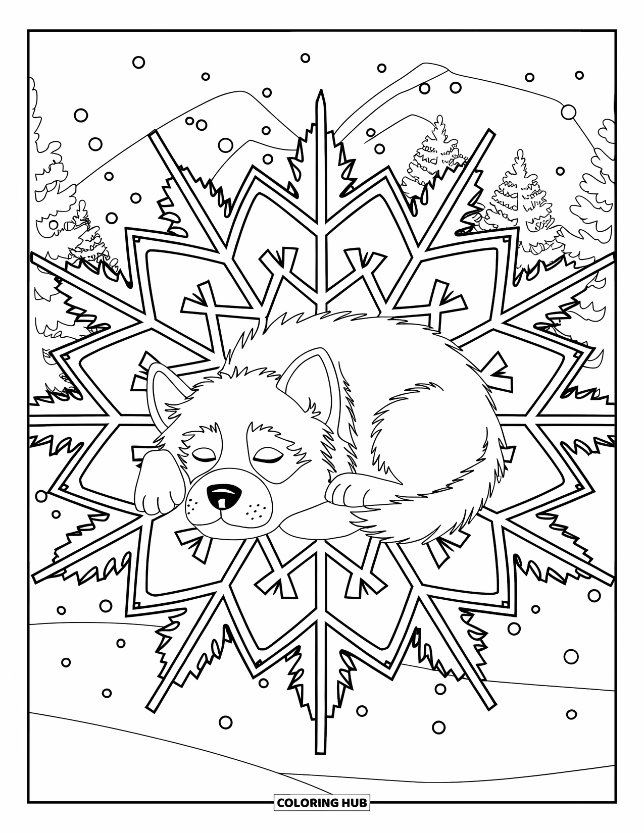 Husky Puppy Coloring Page for Adults: Sleeping husky rests in a snowflake mandala with frosty details