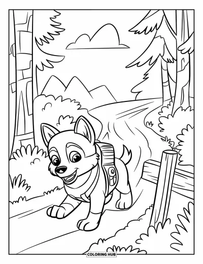 Coloriage de chiot husky pour enfants : Un chiot aventurier avec un sac à dos explore un sentier à travers les arbres