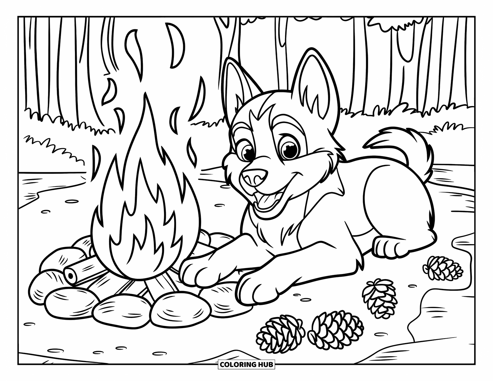 Husky Puppy Coloring Page for Kids: Alert puppy lies by the fire with pinecones and forest trees around