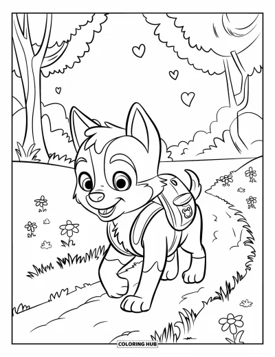 Coloriage de chiot husky pour enfants : Un husky avec un sac à dos marche sur un sentier fleuri sous un ciel parsemé de cœurs