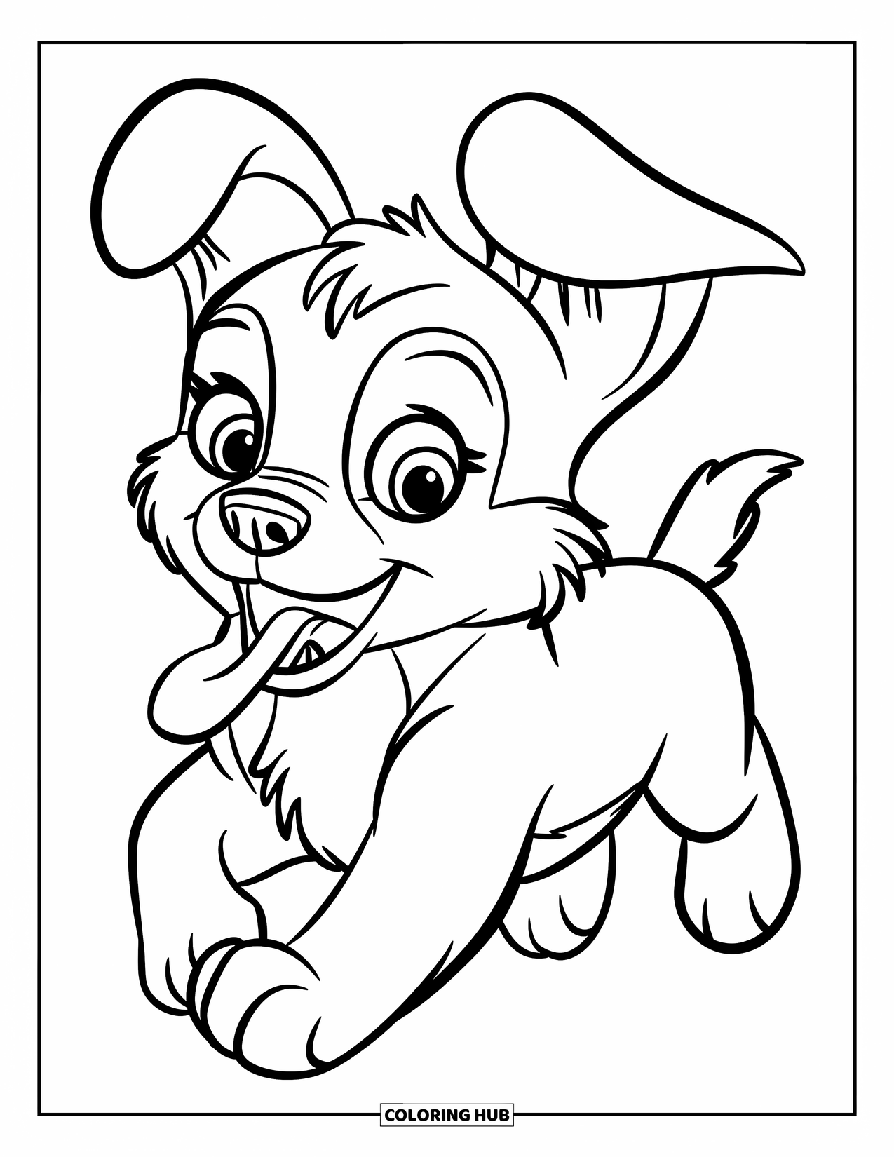 Husky Puppy Coloring Page for Kids: Cheerful puppy runs with big floppy ears and tongue hanging out