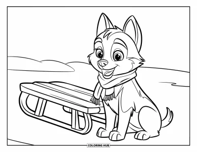 Coloriage de chiot husky pour enfants : Un chiot douillet en écharpe assis près d'un traîneau dans la neige