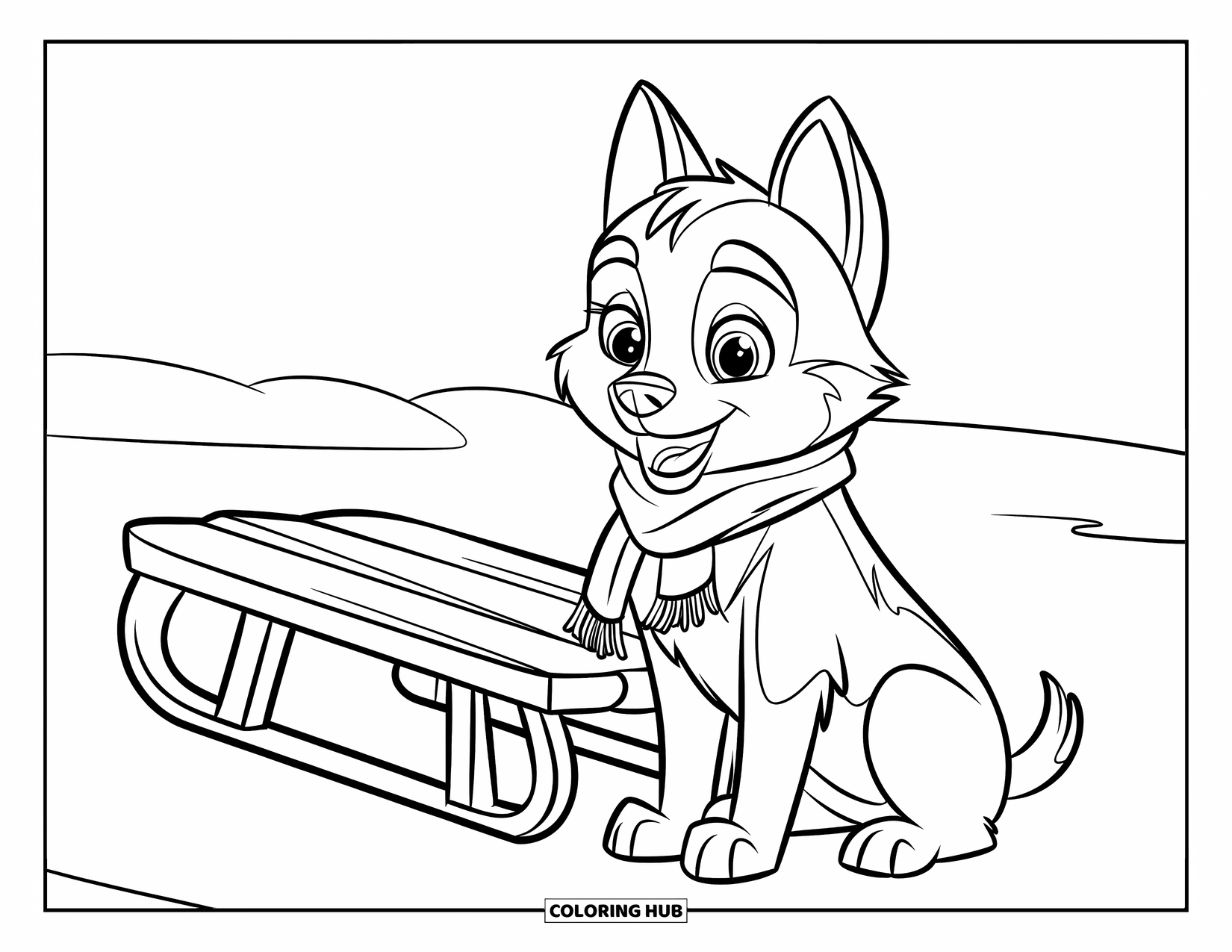 Husky Puppy Coloring Page for Kids: Cozy puppy in a scarf sitting beside a sled in the snow