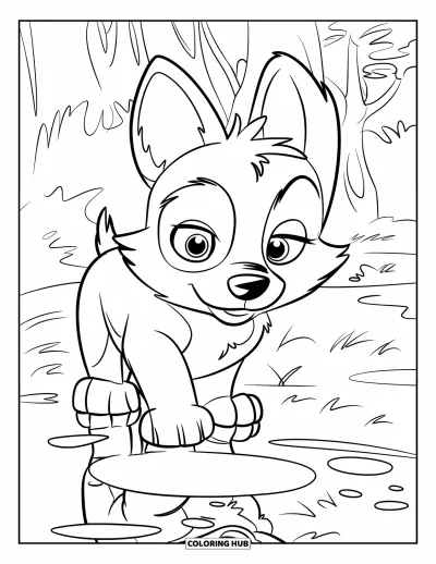 Coloriage de chiot husky pour enfants : Un husky curieux se regarde dans une flaque entourée d'arbres forestiers
