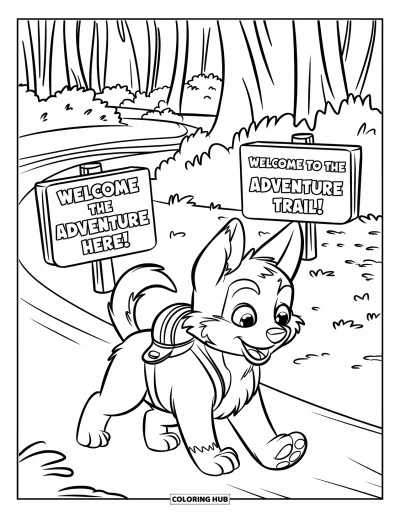Coloriage de chiot husky pour enfants : Un chiot curieux sur un sentier avec des panneaux d'aventure et de grands arbres