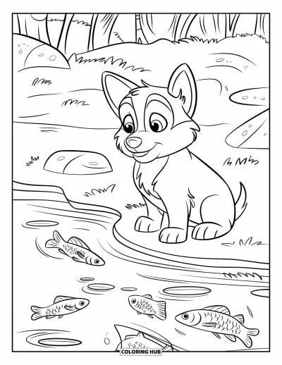 Coloriage de chiot husky pour enfants : Un chiot curieux assis près d'un ruisseau regarde des poissons sauter et éclabousser