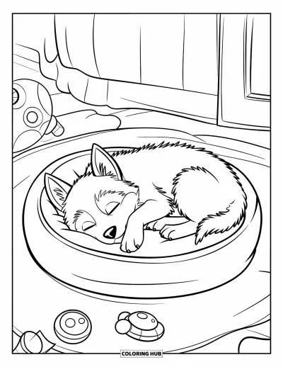 Coloriage de chiot husky pour enfants : Un chiot lové dort sur un coussin rond dans une chambre douillette pleine de jouets