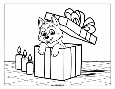 Coloriage de chiot husky pour enfants : Un adorable husky dans une boîte cadeau avec des bougies sur un sol à carreaux