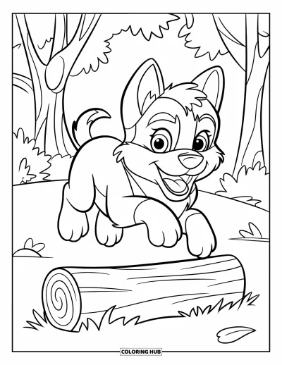 Coloriage de chiot husky pour enfants : Un chiot enthousiaste saute par-dessus un tronc dans une forêt jonchée de feuilles