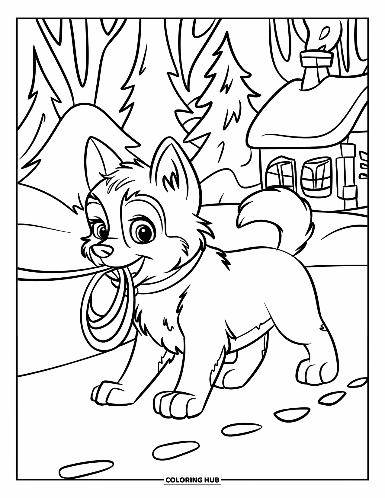 Husky Puppy Coloring Page for Kids: Excited puppy with a leash in its mouth outside a cozy snowy cottage