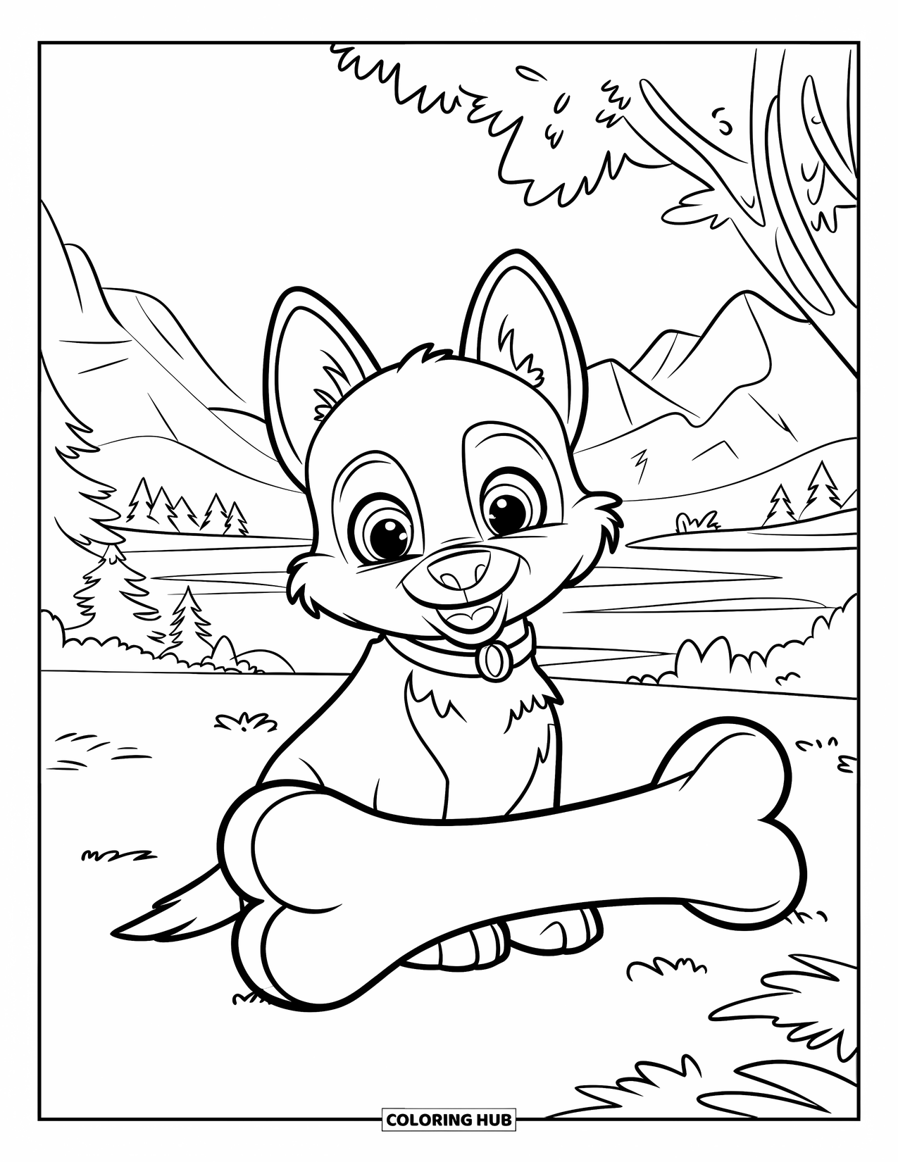 Husky Puppy Coloring Page for Kids: Floppy-eared husky sits with a giant bone by mountains and water