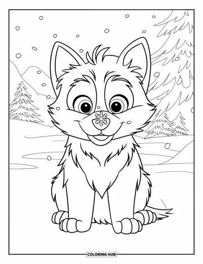 Coloriage de chiot husky pour enfants : Un husky duveteux attrape des flocons de neige sur son museau dans une forêt enneigée