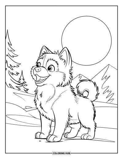 Coloriage de chiot husky pour enfants : Un husky duveteux hurle sur la neige sous une pleine lune lumineuse