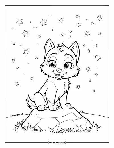 Coloriage de chiot husky pour enfants : Un chiot duveteux contemple les étoiles depuis un paisible pré