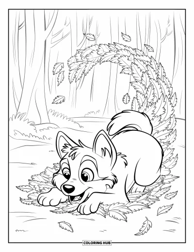 Coloriage de chiot husky pour enfants : Un chiot duveteux joue dans des feuilles tourbillonnantes dans une forêt paisible