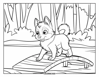 Coloriage de chiot husky pour enfants : Un chiot duveteux agite la queue sur un pont au-dessus d'une eau calme