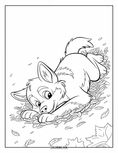 Coloriage de chiot husky pour enfants : Un husky joyeux se roule dans un tas de feuilles sous un arbre doré d'automne