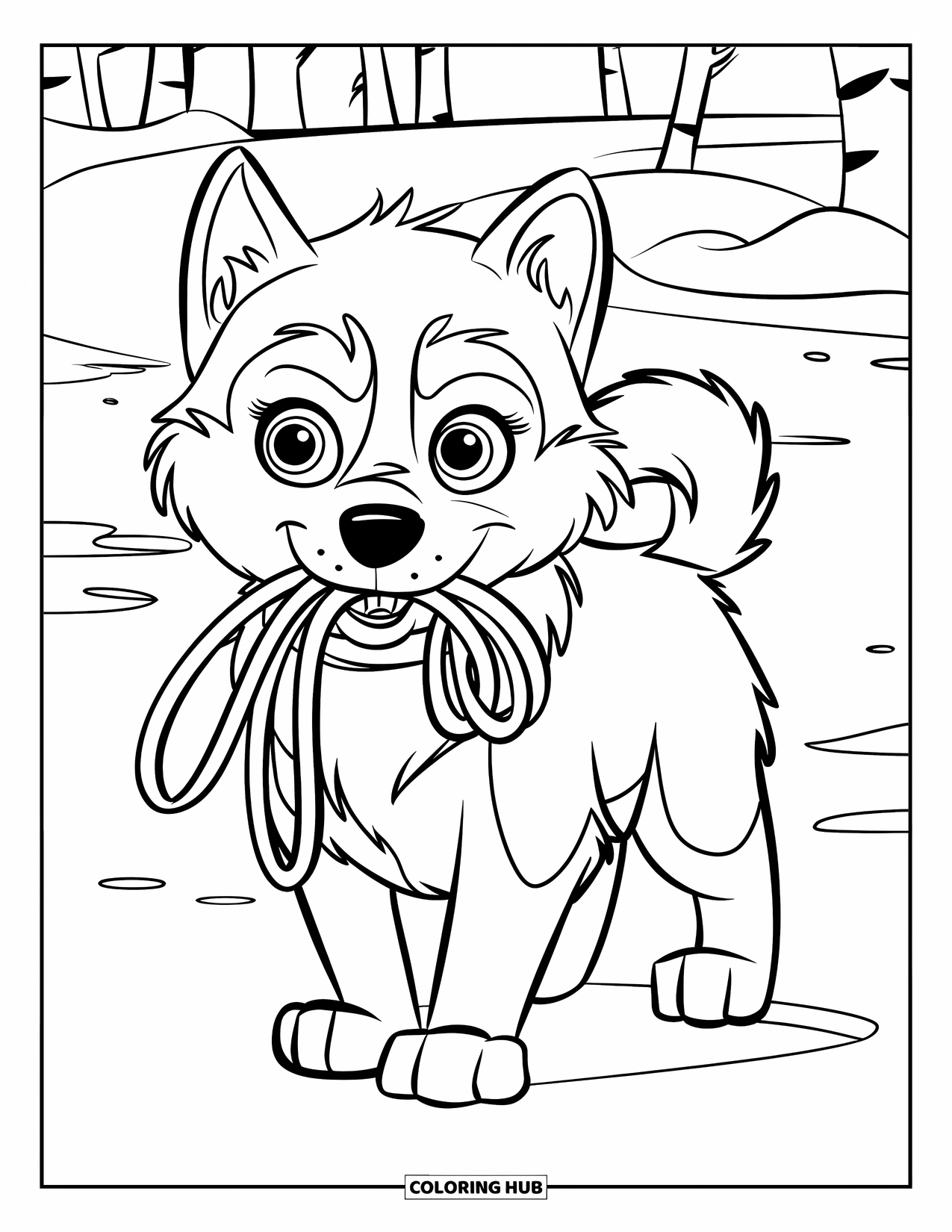 Husky Puppy Coloring Page for Kids: Happy husky with a leash stands on snow near a forest trail