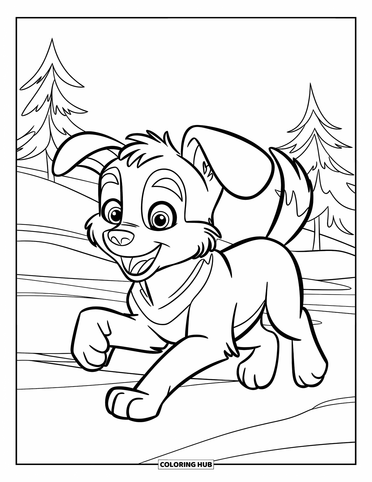 Husky Puppy Coloring Page for Kids: Happy husky with floppy ears runs through snowy trees and sky